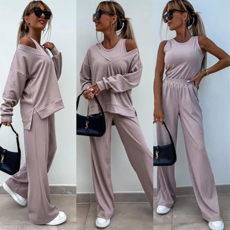2026 New Women's Solid Color V-Neck Long Sleeve Vest Top with Casual Pants 3-Piece Outfit Set