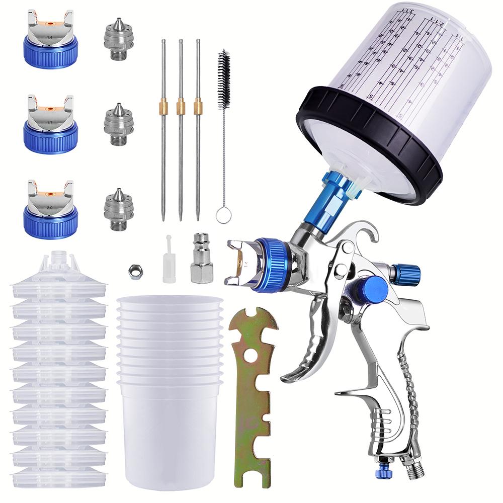 HVLP Spay Gun 1.4/1.7/2.0mm Nozzle Gravity Airbrush For Car Painting Tool 10pcs 600ml No Clean Disposable Measuring Cup