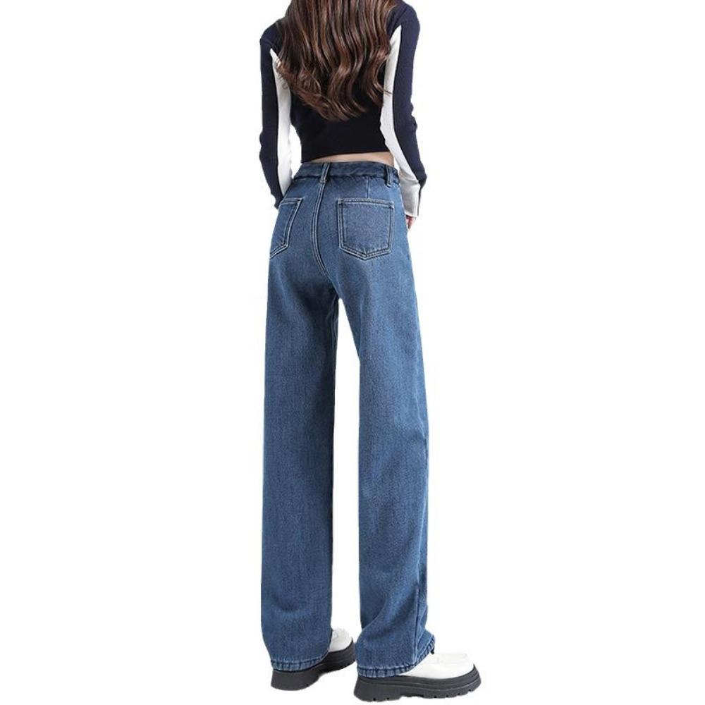 Spring and Autumn New Casual Adjustable Wide Leg Jeans Women's High Waist Fleece Thickened Straight Floor Mopping Jeans