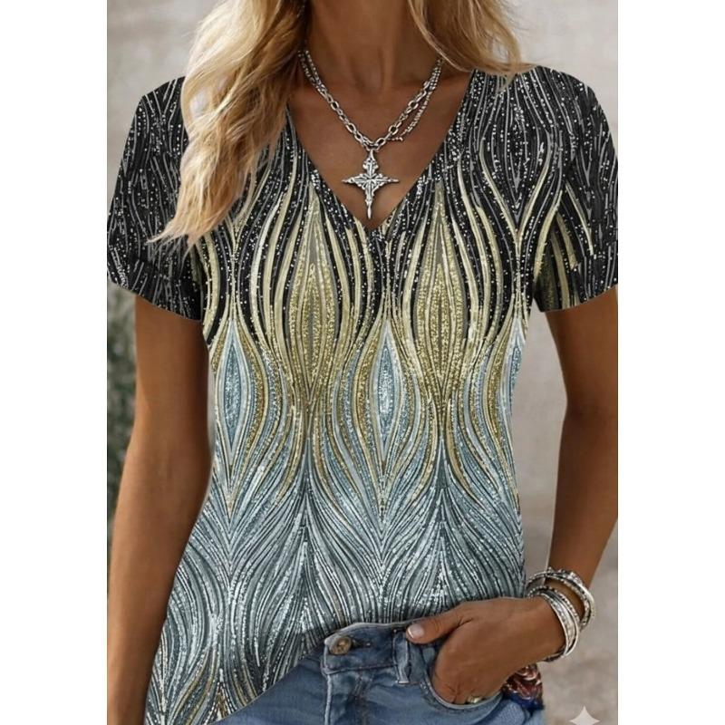 

Women s Vintage Color Gradient Abstract Print T-Shirt, V-Neck Short Sleeve, Green Blue Rainbow Dark Gray, Spring Summer XL