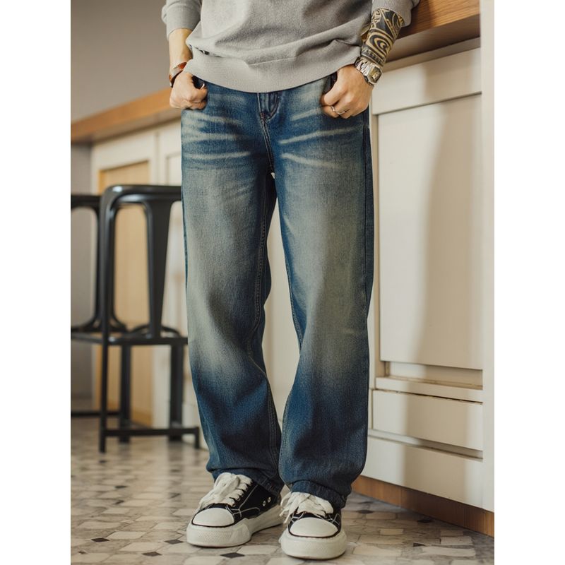 American Retro Heavy-Duty Washed Vintage Straight-Leg Jeans for Men, Spring and Autumn Wide-Leg Pants, Export Men's Casual Long Pants