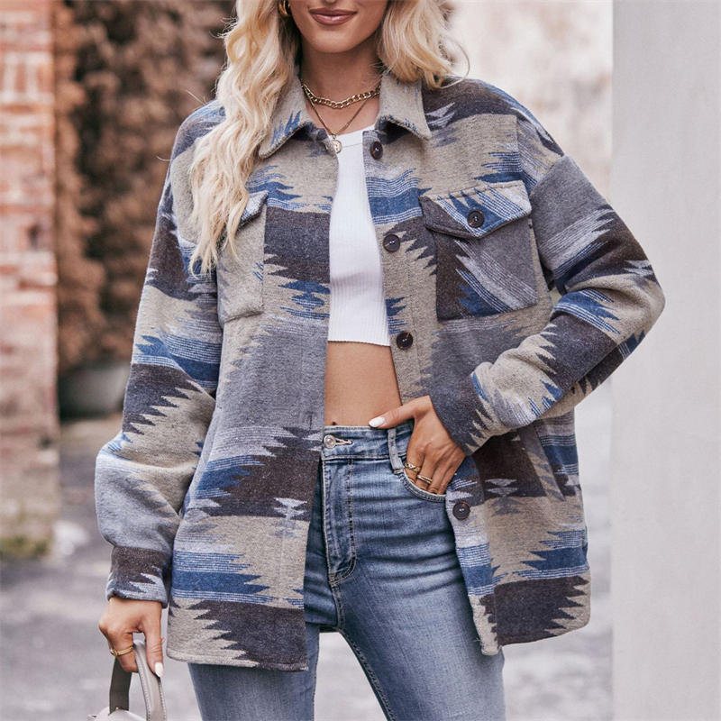 

Lapel Geometric Women s Jacket Shirt Long-Sleeved Loose Coat S