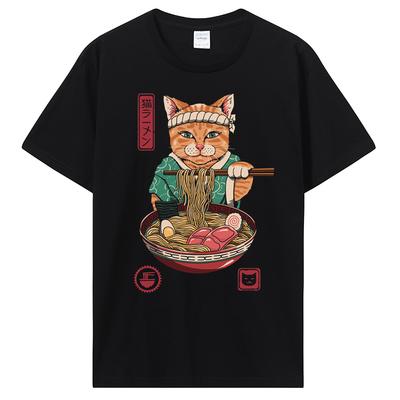 Summer New Men Japanese Samurai Cat Graphic T Shirt Fashion Casual Personality Cool T-shirt Print Cotton Tees Tops