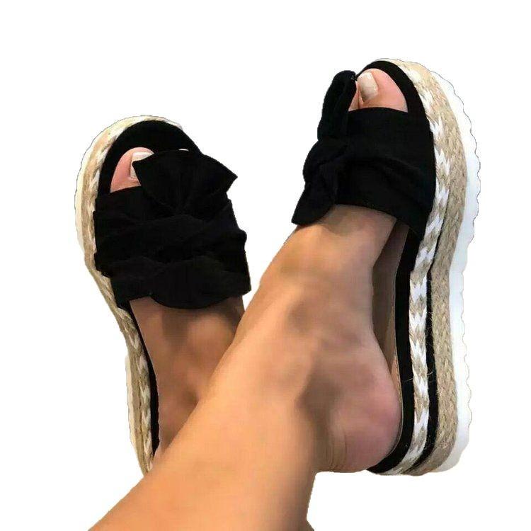 2025 European and American summer new slope heel bow + slippers women's 2025 beach thick-soled hemp rope large-size slippers