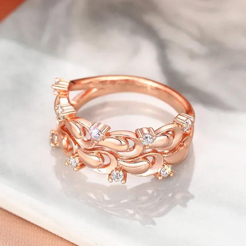 Rose Gold Waterdrop Pattern Ring For Women Aesthetic Bridal Wedding Jewelry Creative Design Female Party Accessory