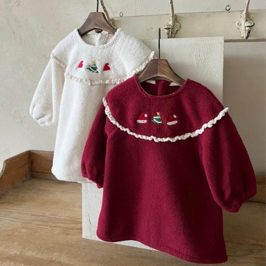 Infant Girls' Winter Lace Plush Princess Dress with Christmas Embroidery