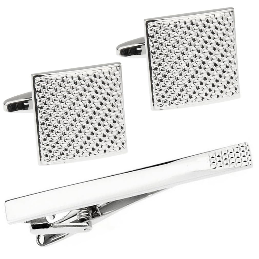 

Silver Fine Check Cufflinks Tie Pin Set Cufflink Tie Pin n02779 &