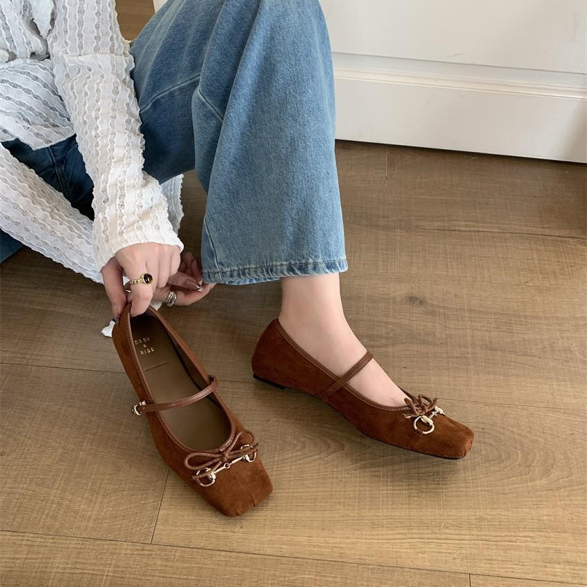 Bow flat-soled ballet shoes women's soft-soled autumn 2025 new four-season shoes square head light mouth single shoes