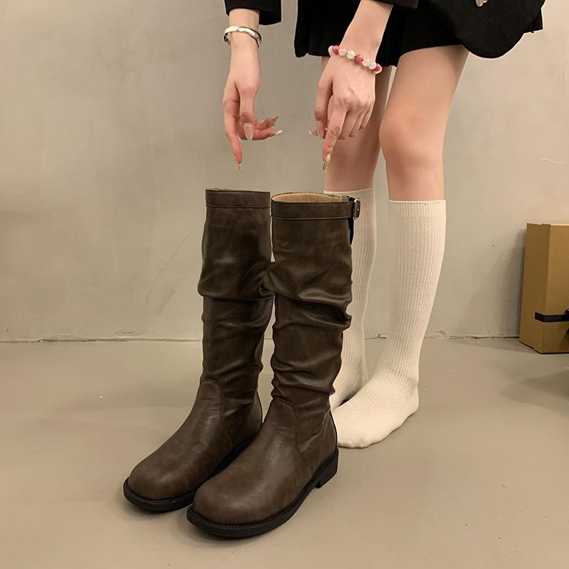 But Knee Long British Knight Boots Retro Western Cowboy Boots Korean Boots Slim Pleated Pile Boots Women