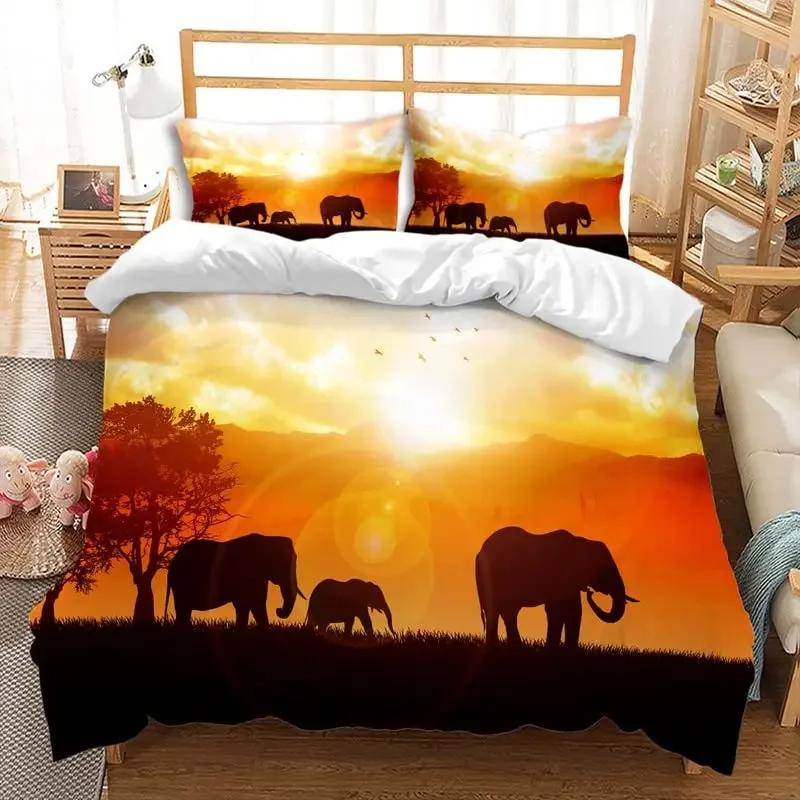 Comforter Cute Elephant Green Grass Bohemian Elephant Bedding Set Microfiber Safari Animals Comforter Twin King Size