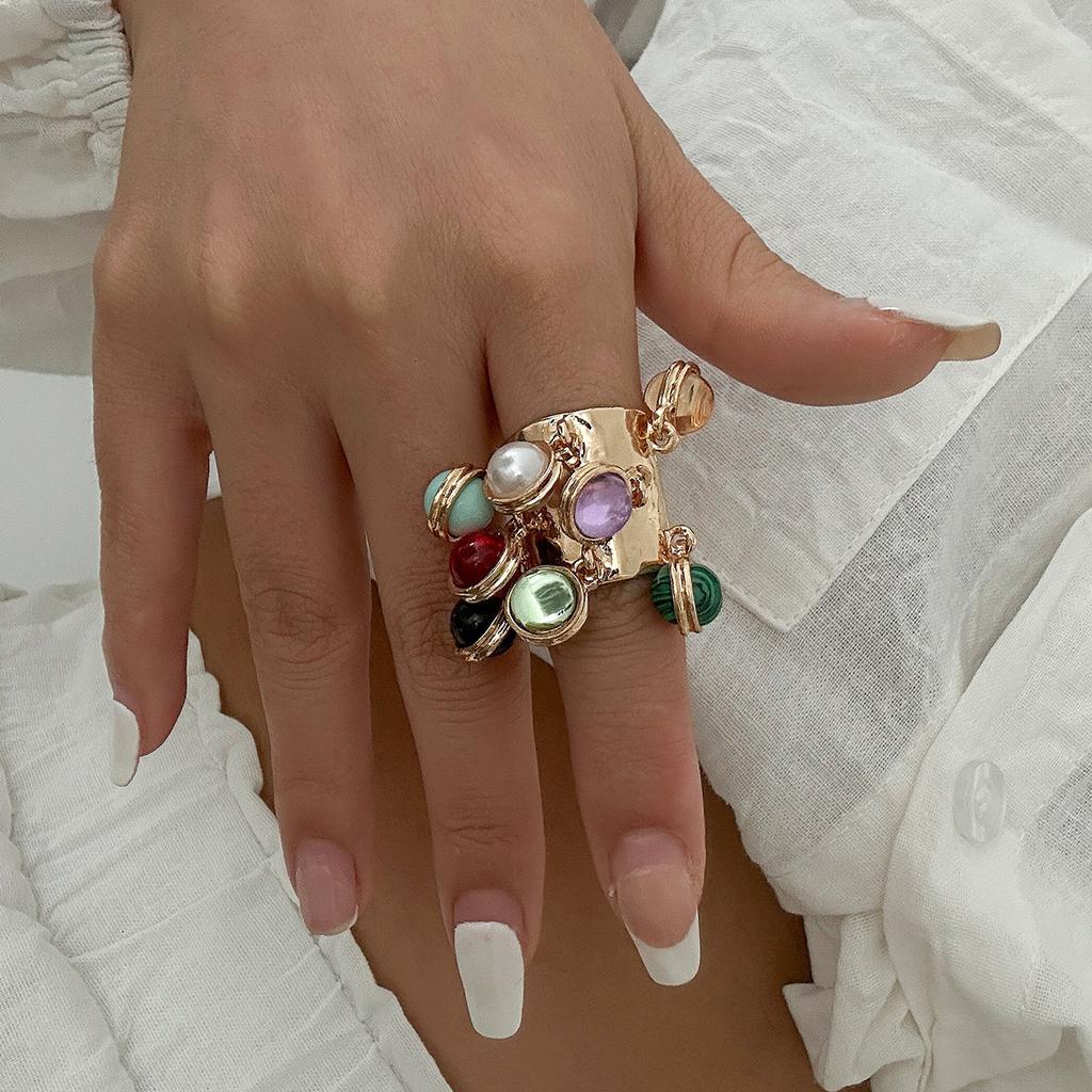 Exaggerated Retro Colored Gemstone Pearl Fringed Ring Female, Personalized Turquoise Love Ring Ring