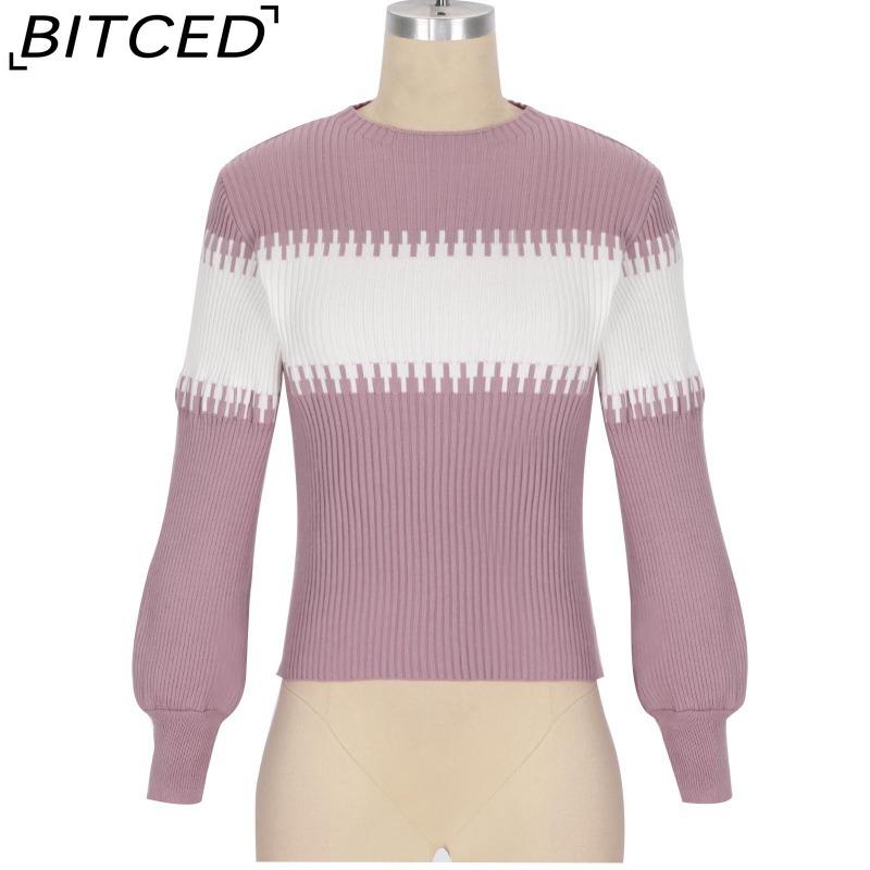 BITCED Color-Block Striped Sweater with Lantern Sleeves Women's O-Neck Top in European Style