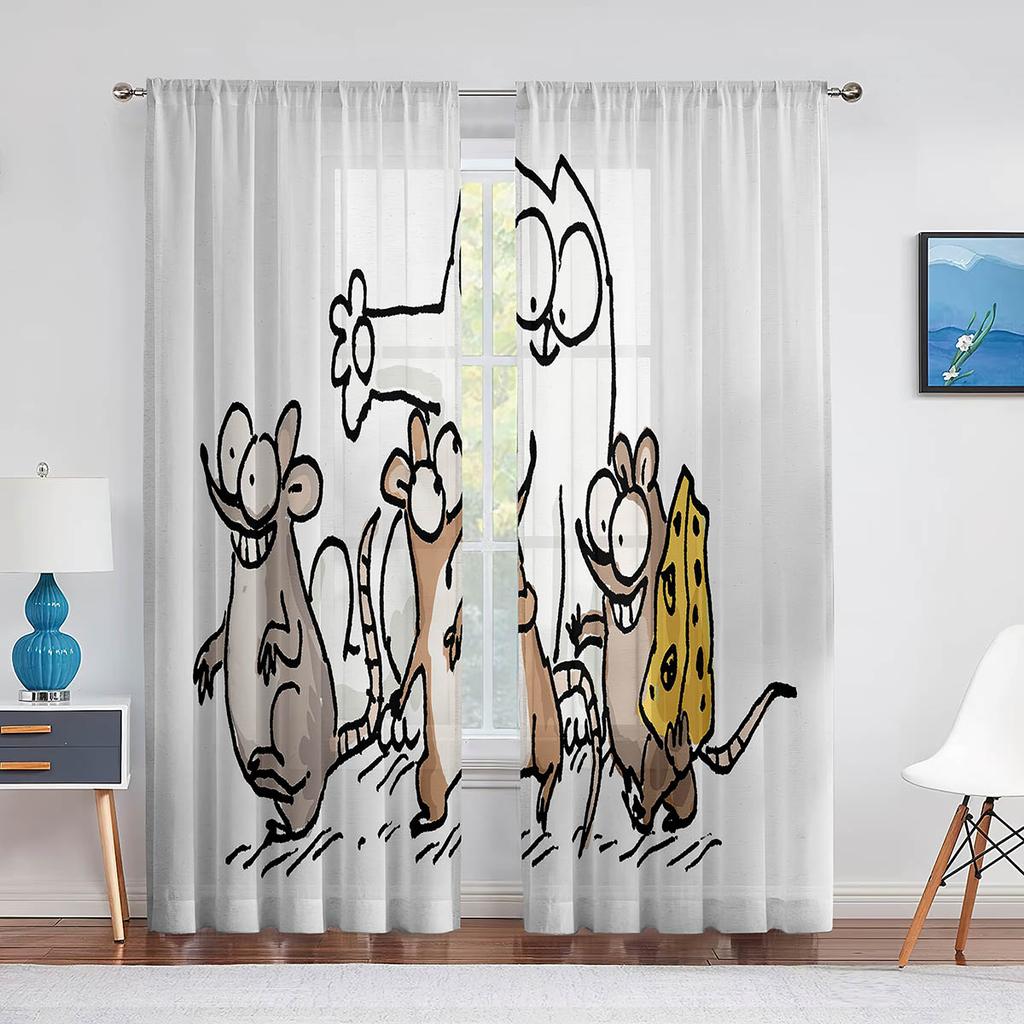 Cartoon Cat Reading Book Pink Sheer Voile Curtain Kawai Animal Window Tulle Curtains for Living Room Kids Bedroom Kitchen Decor