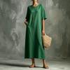 Women Loose Fit Straight Cut Casual Midi Dress Round Neck Short Sleeve Drop Shoulder Pockets