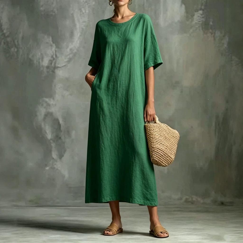 Women Loose Fit Straight Cut Casual Midi Dress Round Neck Short Sleeve Drop Shoulder Pockets