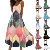 Damen Ärmelloses V-Ausschnitt Maxikleid Floral Geometrischer Print Sommer Langes Kleid Leichte Spaghettiträger Lässiges Sommerkleid