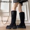 Winter Woman Knigth Knee-High Boots Street Style Thick Sole Belt Buckle Slip On Shoes Vintage Long Booties  De Muje