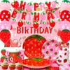 123pcs Strawberry Birthday Decorations, Strawberry Party Supplies Set Includes Strawberry Paper Plates Tablecloth Strawberry Birthday Cupcake Toppers