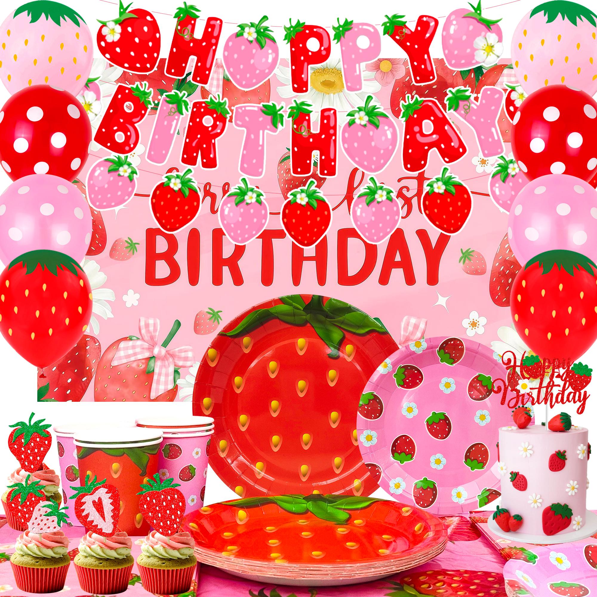 123pcs Strawberry Birthday Decorations, Strawberry Party Supplies Set Includes Strawberry Paper Plates Tablecloth Strawberry Birthday Cupcake Toppers розовый