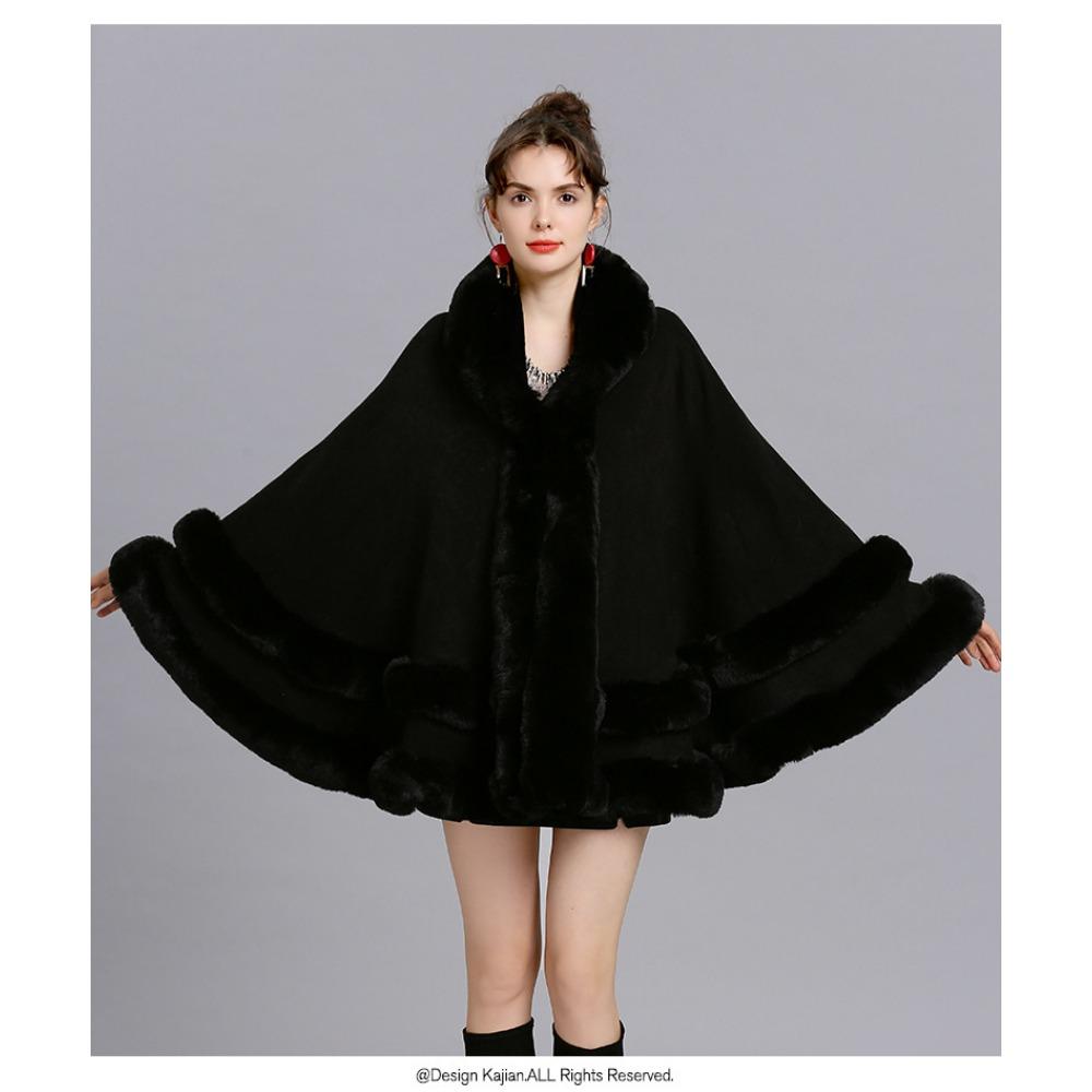 Women's Coat Autumn and Winter New Large Size Imitation Fur Collar Shawl Fur Hooded Knitted Cardigan Shawl Cape Jacket