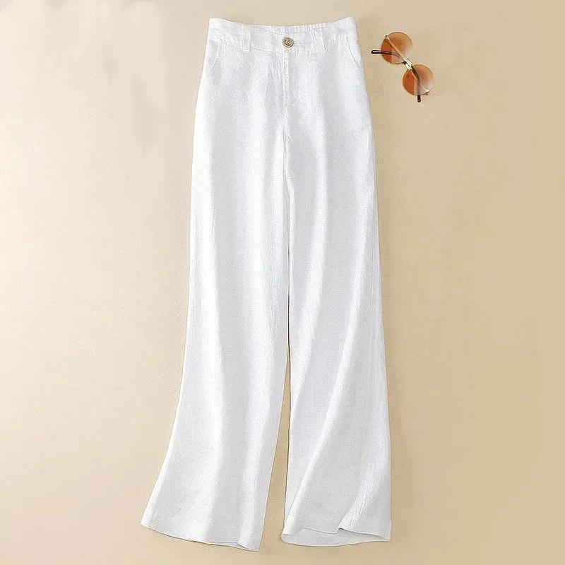 Women Linen Wide Leg Pants Thin Casual Solid Long Pants Elastic High Waisted Loose Cotton and Linen Straight Trousers