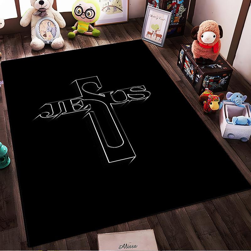 Cross Design with JESUS Text Non-slip rug suitable for living room and bedroom sofas.