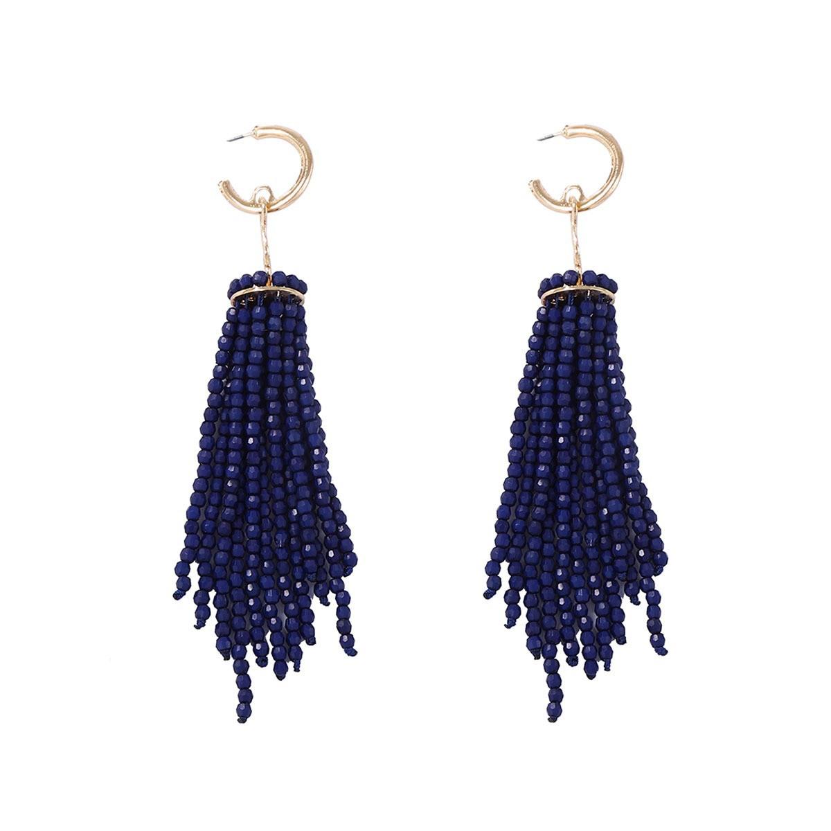 22646 Women's Dark Blue Personality Retro Elegance Trend Beaded Fringed Linear Earrings Banquet Party Exquisite Versatile Earrings