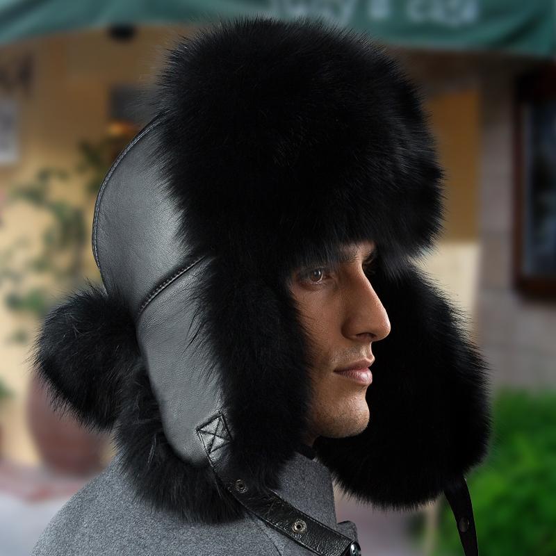 Real Fox Fur Hats Men 's Winter Lei Feng Hat Middle-Aged Elderly Outdoor Thickened Raccoon Fur Cap Warm Sheep Leather Bomber Hat