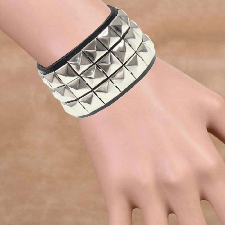 Black Leather Punk Bracelet Square Studs Bracelet Square Rivet Wristband Leather Texture for Matching Trendy Look