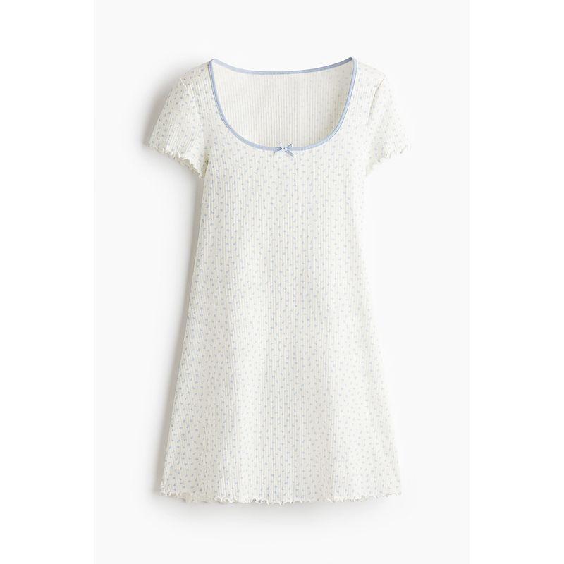 

HM Женская одежда Платье без воротника 2025 Лето Новое Французский стиль Приталенное Трикотажное Глубокий круглый вырез Платье-миди 1272559 White/Florals 155/80(XS)