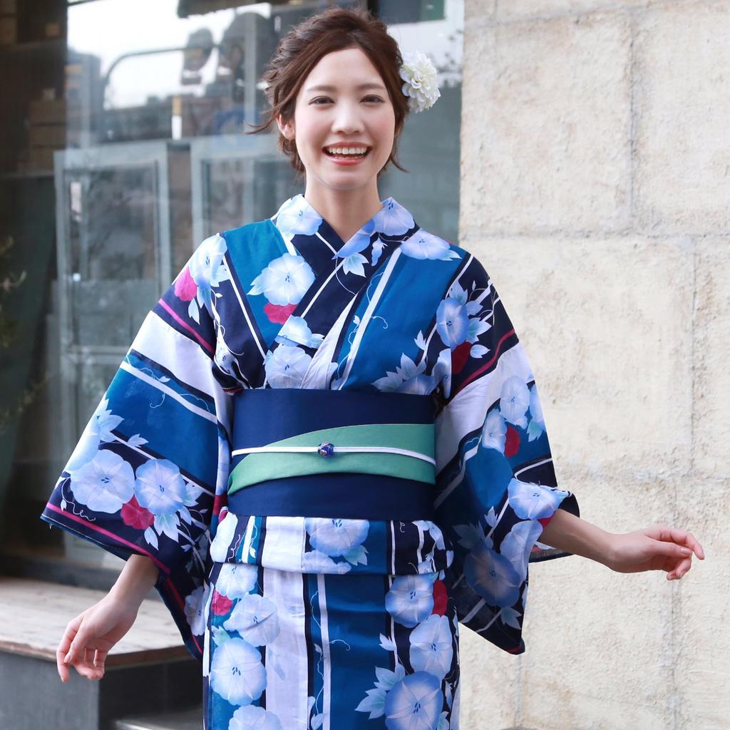 Brilliant Piece Yukata and Navy Blue with Blue Morning Set for a Love Look "Wa Nadeshiko" Women's Set, Blue-Green Glory, 3-Piece Heart-Pounding
