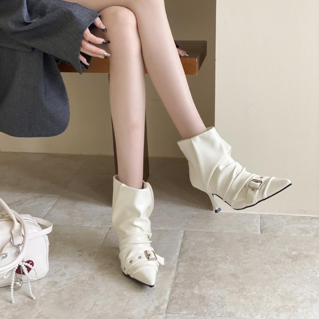 2025 autumn and winter new pointed thin heel high heel temperament French fashion sexy European and American belt buckle pleated short boots