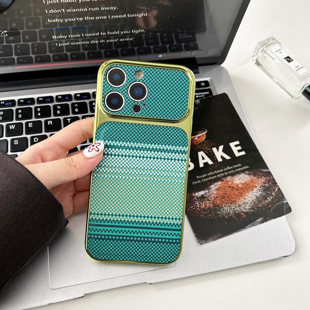Carbon Fibre Kevlar Texture PC Phone Case For iPhone 17 16 15 14 13 Pro Max Plating Large Window Shockproof Bumper Cover