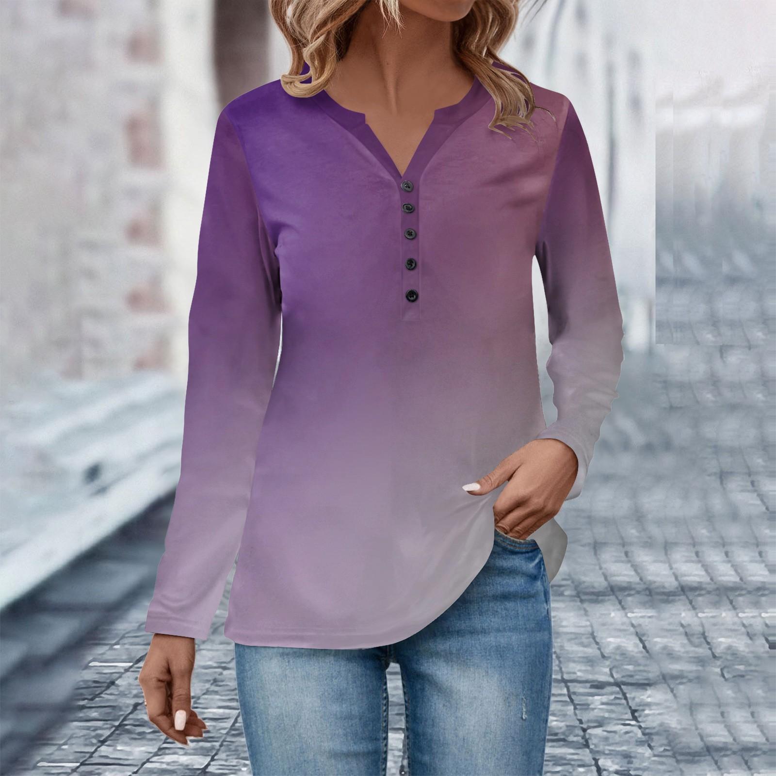 Women s Fashion Casual V Neck Long Sleeve Gradient Print Button T-Shirt Top XL