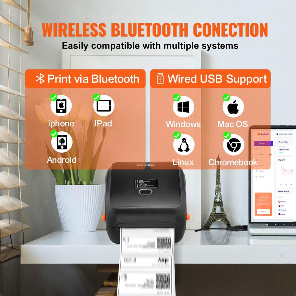 VEVOR Thermal Label Printer, 300DPI for 4x6 Mailing Packages, Wireless Bluetooth & Automatic Label Recognition