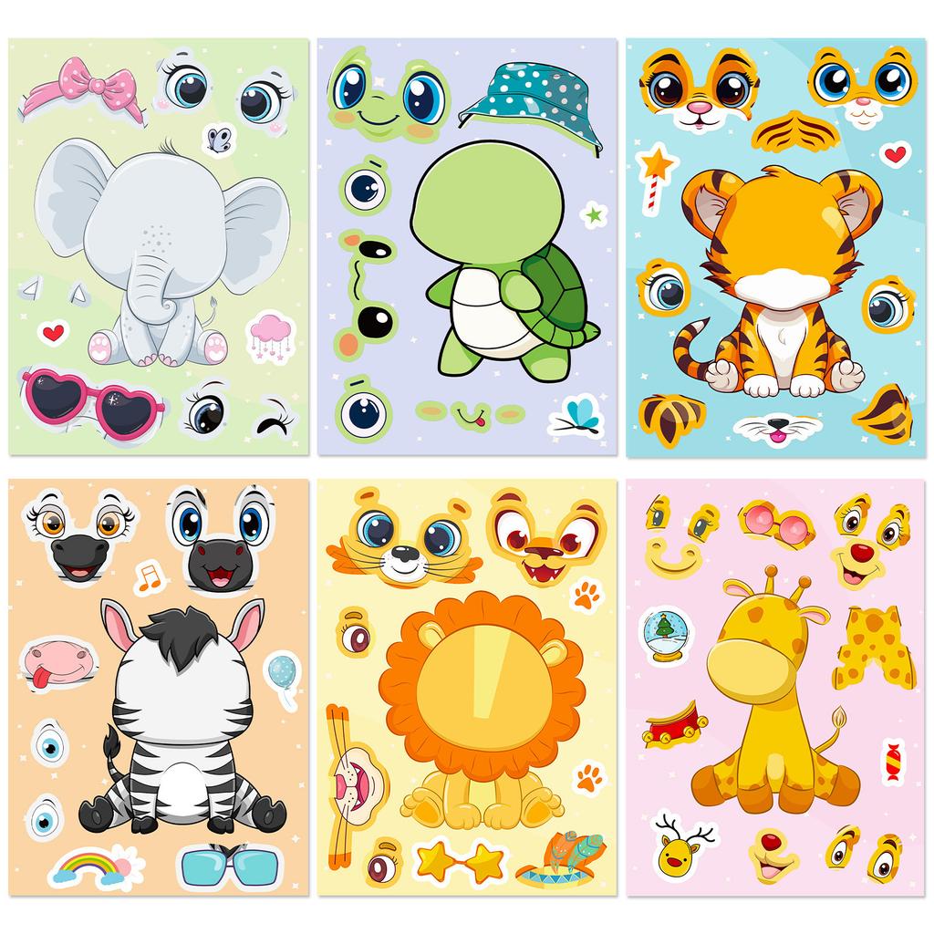 6 Photos/pack of Animal Face Change Stickers Cartoon Cute Little Animal Giraffe Turtle Tiger DIY Dress-up Stickers