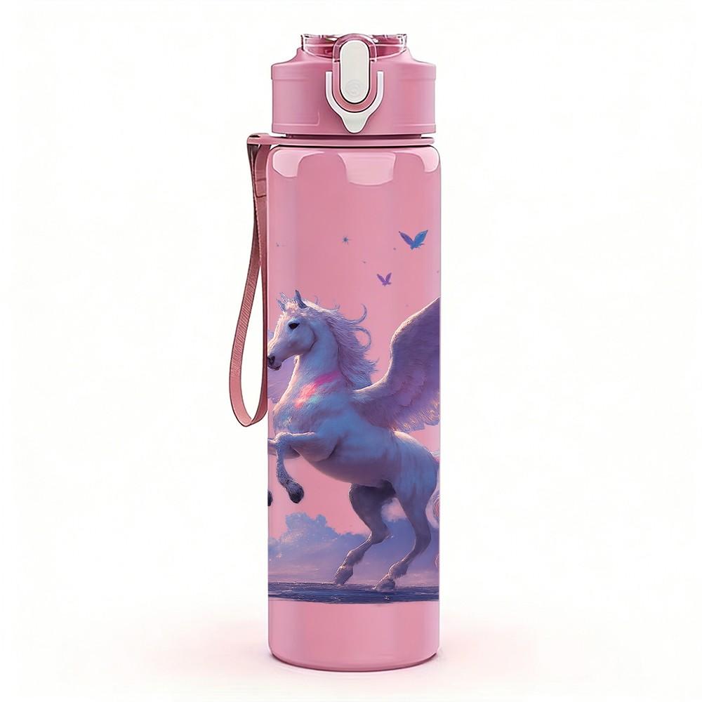1PC Purple Pegasus Flying Fantasy Print 750ml Color Plastic Sports Water Bottle Leakproof Flip Straw Lid Suitable for Sports Office Home Use