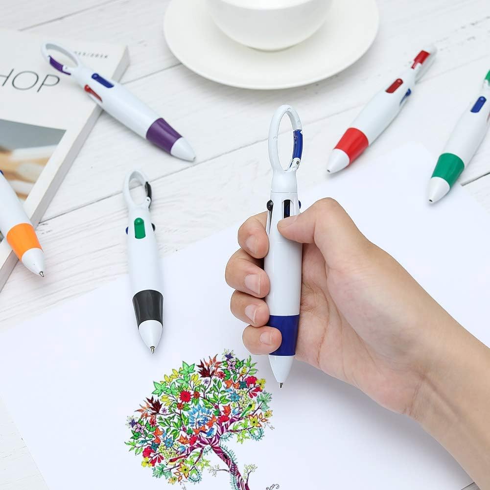 6 Pieces Retractable Shuttle Pens 4 Neon Color in One Ballpoint Pen with Buckle Clip on Top Multi-Color Carabiner Keychain for Office School Supplies