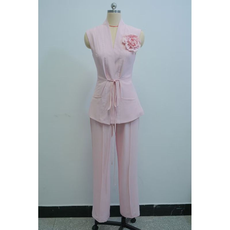 

Fashion New Arrival Fashion V Neck Stereo Flowers Top and Trousers Suit Lace up Top and Pants Set Pink Suit S