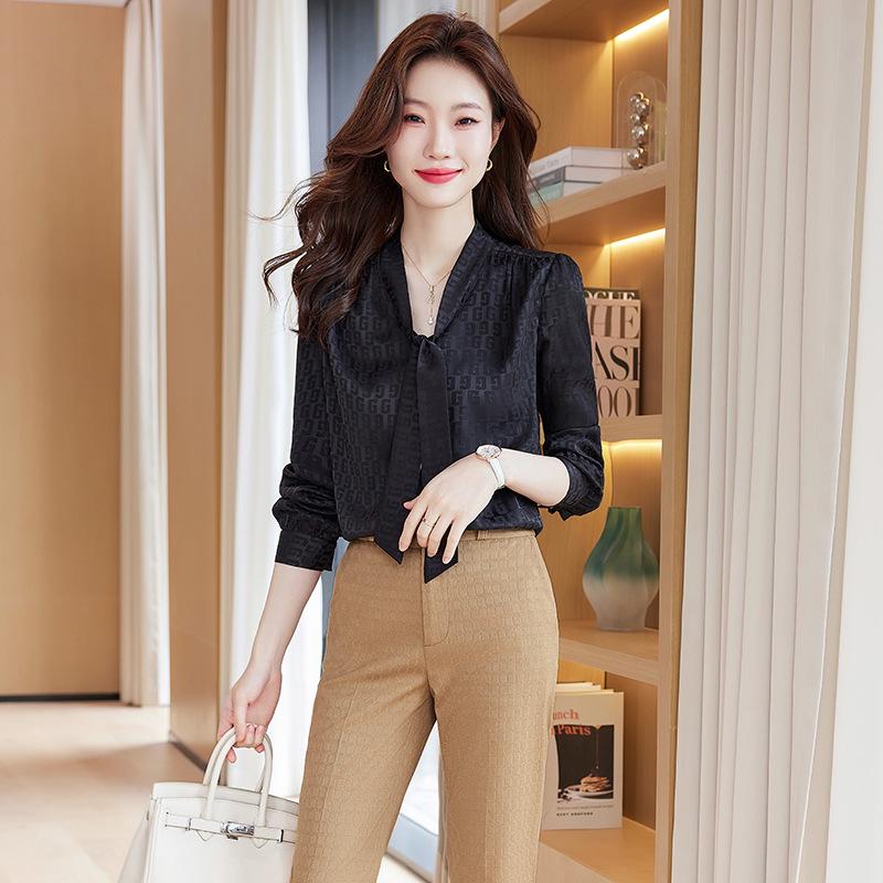 2023 Autumn Women's Bow Tie Shirt: Elegant French Professional Style for a Sophisticated Commute