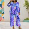 Women Plus Size Red Floral Printed Round Neck Long Sleeve Layered Top Wide Leg Cropped Pants Two Piece Set