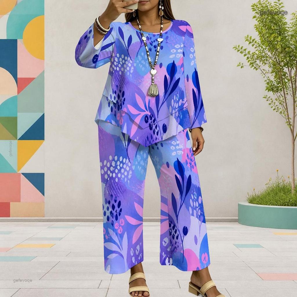 Women Plus Size Red Floral Printed Round Neck Long Sleeve Layered Top Wide Leg Cropped Pants Two Piece Set