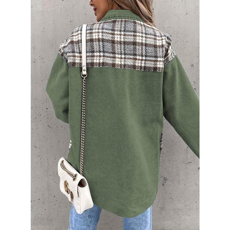 JKASHDK Moda Donna Casual Stampa a Quadri Autunno Inverno Manica Lunga Giacche e Cappotti con Collo POLO