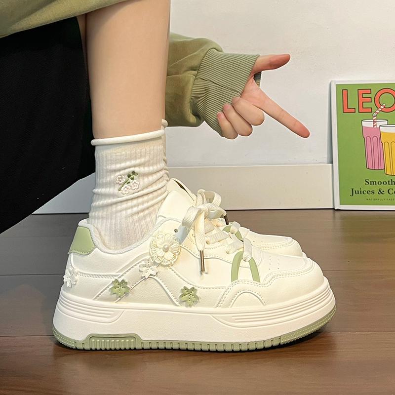Koreanische Leinenschuhe für Mädchen - 2026 Blumenmuster, Dicke Sohle, Frühling/Herbst, Lässig Weiß