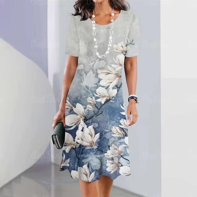 Elegantes Damen-Mode-Midikleid mit kurzen Ärmeln und 3D-Druck, Übergröße, Strandbekleidung