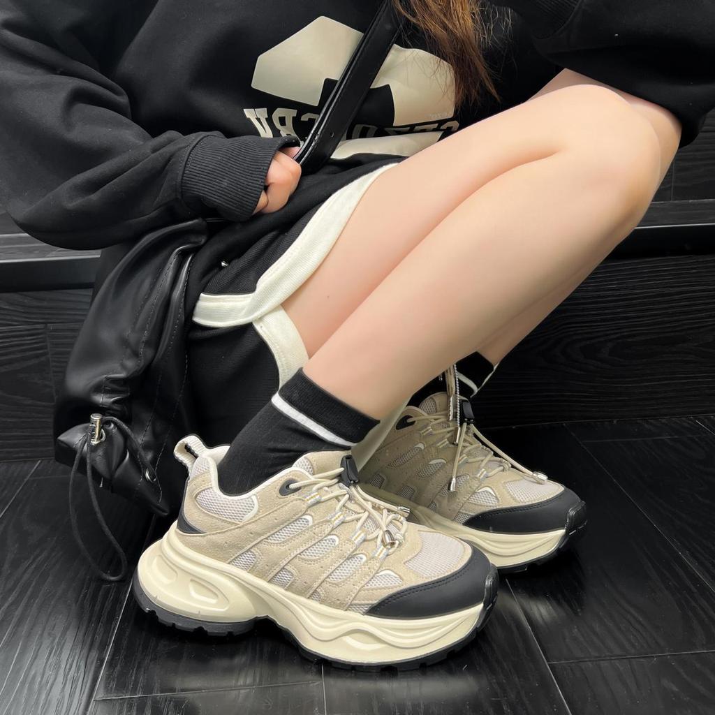 Leather Mesh Dad Shoes Women's Autumn New Ins Tide Fishbone Thick Bottom Leisure Sports Breathable Cortez