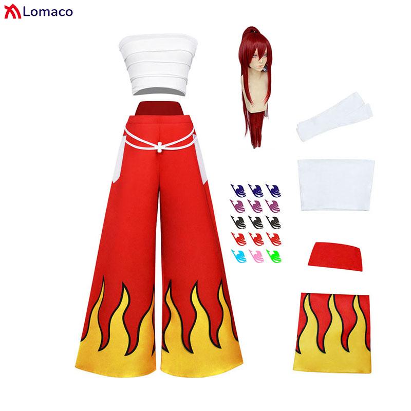 Anime Fairy Tail Erza Scarlet Cosplay Kostuum Pruik Tattoo Sticker Broek Witte Crop Tops Dames Halloween Carnaval Outfit S red