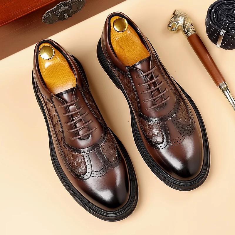 British Style Thick Soled Block Leather Shoes Fashionable Business Affairs Lace Up Oxford Shoes Luxury Brand Classic Men Shoes