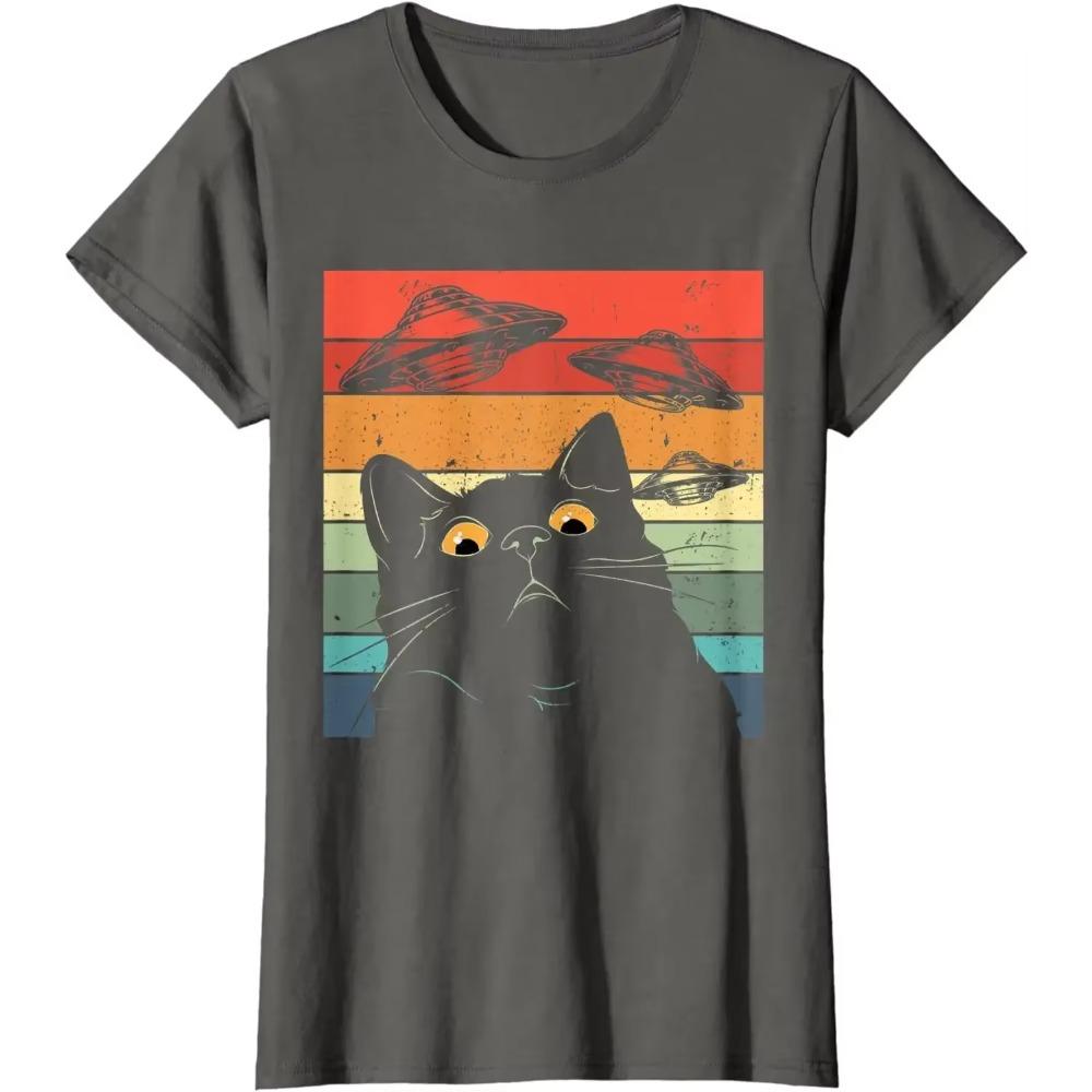 Funny Cat Tee Galaxy Cat Men Shirt Spaceship Alien Cat UFO Women T-Shirt Cotton Four Seasons Daily Shirts for Men