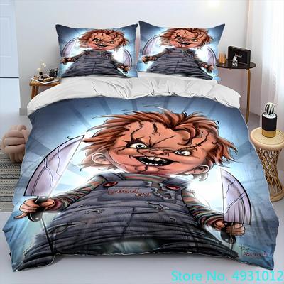 Juego de Ropa de Cama Manta Personaje de Película de Terror Chucky Saw, Juego de Cama Funda Nórdica Funda de Colcha Funda de Almohada, Juego de Ropa de Cama Tamaño King Queen